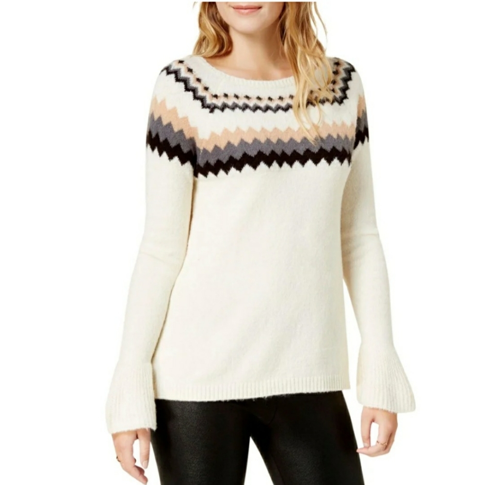 Kensie Sweater XL Beige Striped Bell Sleeve Fitted CrewNeck New